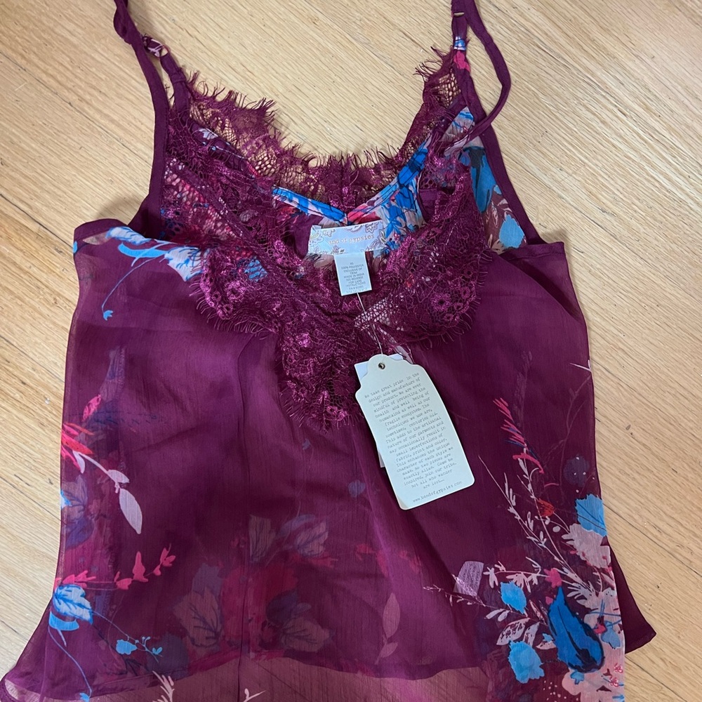 NEW WITH TAGS! See through eggplant lace trim tank with floral print